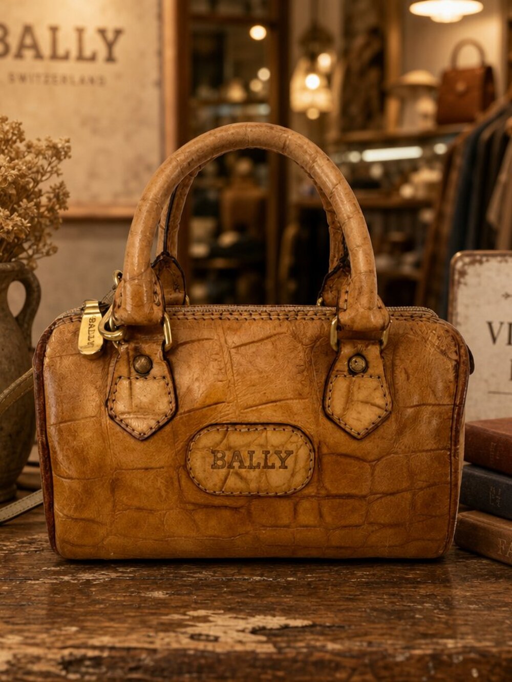 Vintage Bally Cognac Croc-Embossed Leather Mini Crossbody Satchel